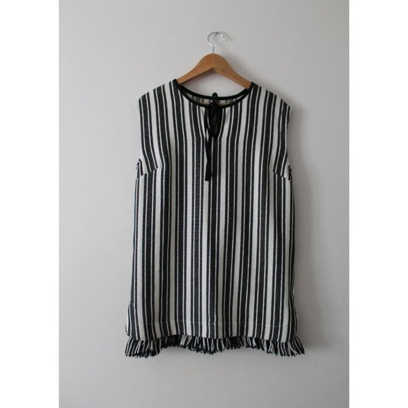 Baum Und Pfergarten Aralda Dress Stripe Fringe Hem Ecru Black Size 40/ L - Picture 3 of 10